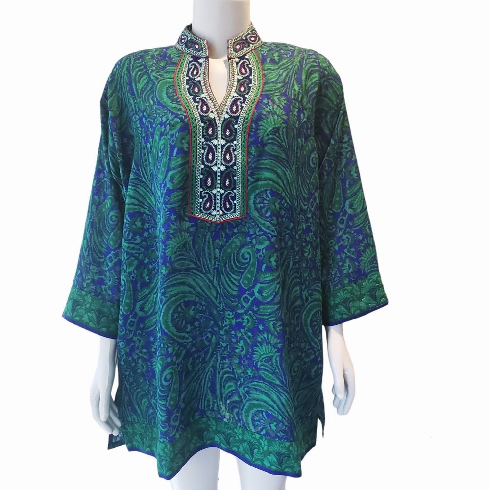 3XL Plus Size Tunic Top Cotton Jacquard Floral Blue Green - NWOT